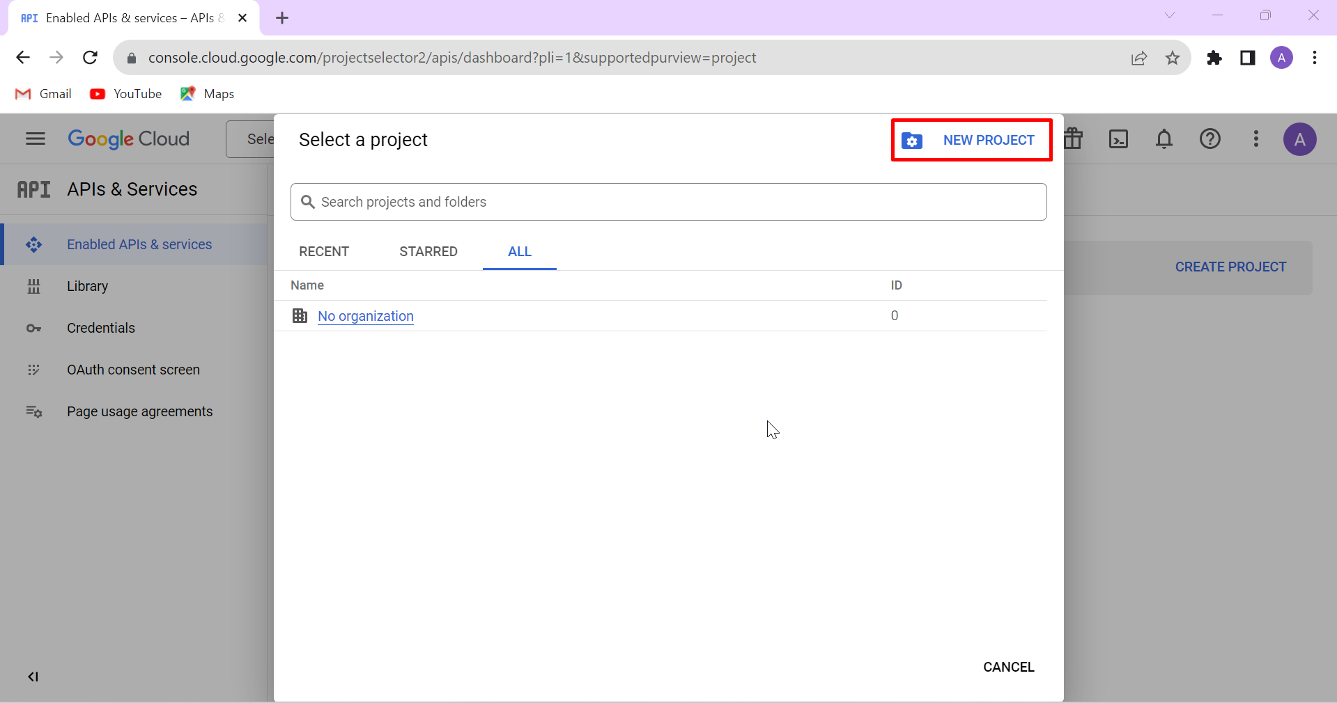 create new project on google developer console